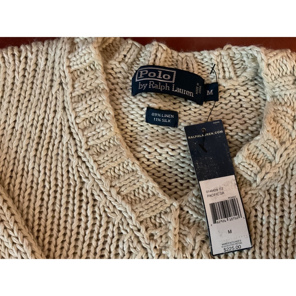 Polo Ralph Lauren Linen Silk Chunky Knit V-Neck Sweater Elbow Patches Tan M - Picture 4 of 5